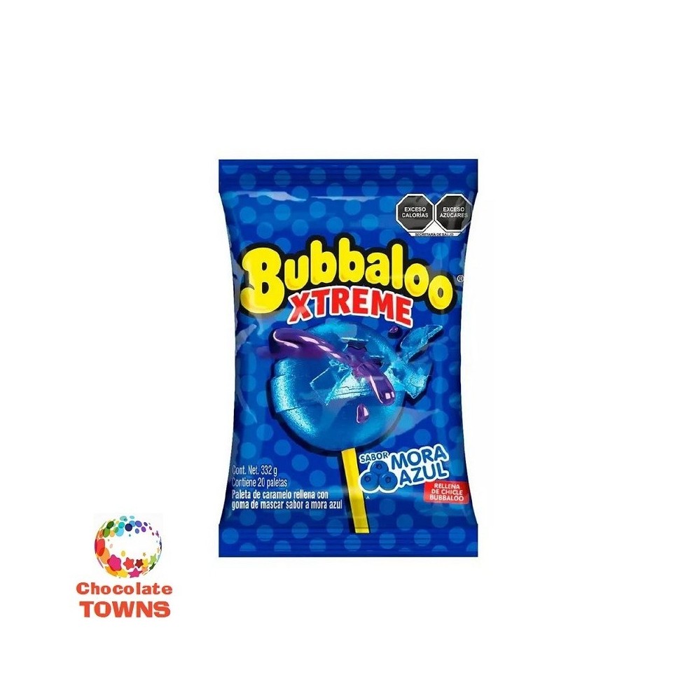 Paleta Bubbaxtreme sabor Mora Azul rellena de chicle